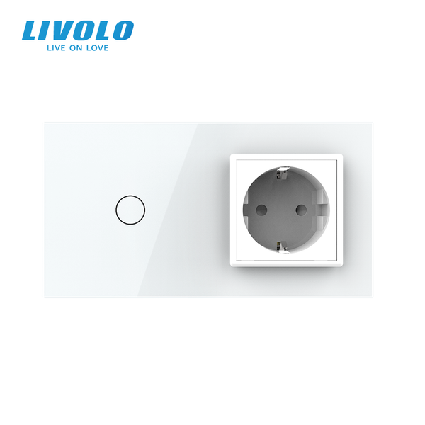 Сенсорний димер з розеткою LIVOLO 16А 230В із заземленням, шторки, білий, скло VL-C7FC1D/FCTC16A-4WP фото