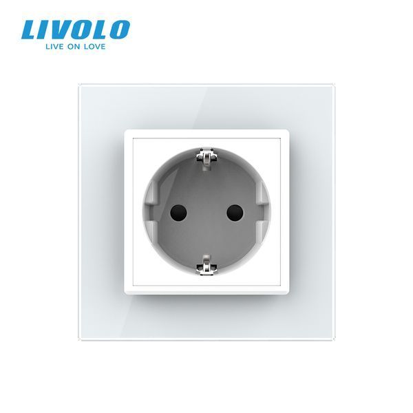 Электрическая розетка LIVOLO с заземлением, белая стеклянная рамка, защитные шторки, настенная 250В 16А VL-C7FCTC16A-2WP фото