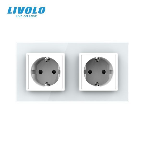 Двойная розетка LIVOLO, с заземлением, шторки, белая, настенная дизайнерская, стеклянная рамка, 250В 16А VL-C7FCTC16A-4WP фото