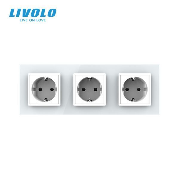 Потрійна електрична розетка LIVOLO із заземленням, шторки, біла, скляна рамка, 250В 16А VL-C7FCTC16A-6WP фото