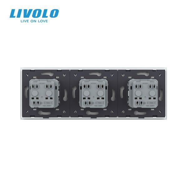 Потрійна електрична розетка LIVOLO із заземленням, шторки, біла, скляна рамка, 250В 16А VL-C7FCTC16A-6WP фото