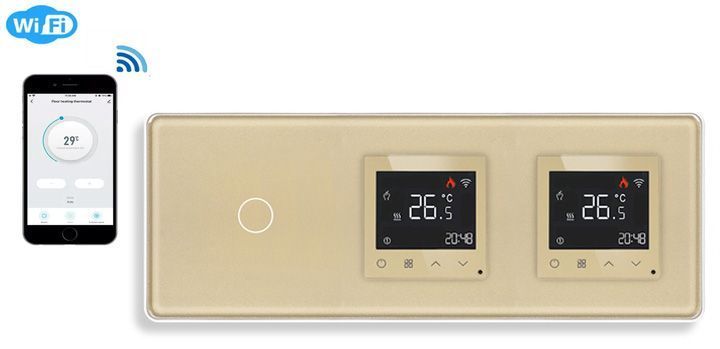 Терморегулятор двойной с сенсорным выключателем ELIOS, золото, стекло TW-101LWTMWTM-GD2.5D фото
