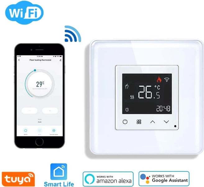 Умный Wi-Fi терморегулятор ELIOS сенсорный для электрического тёплого пола, белый, стеклянная панель TW-WTM/XQ001-WT2.5D фото
